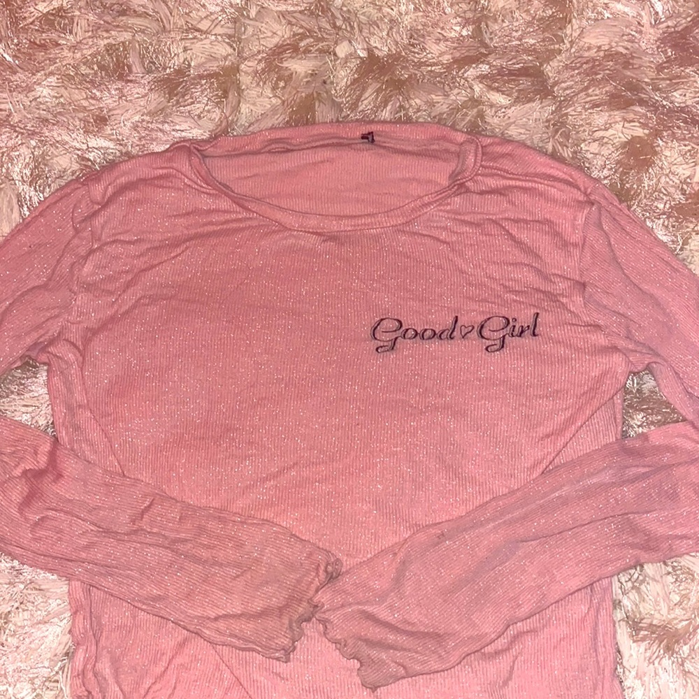 light pink cropped long sleeve “good girl” shirt with sparkles